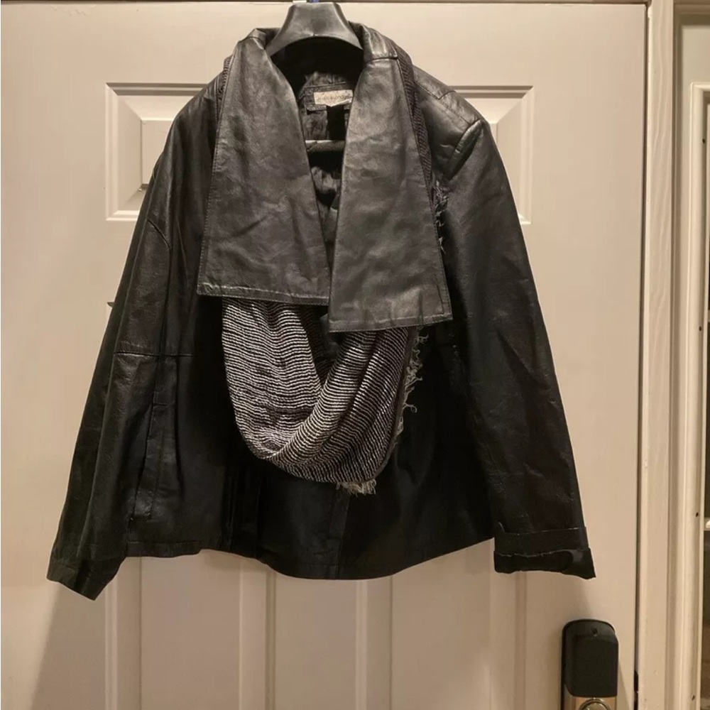 Plus sz 20 Shawl Collar Leather Jacket By Jessica London Bundled w black scarf